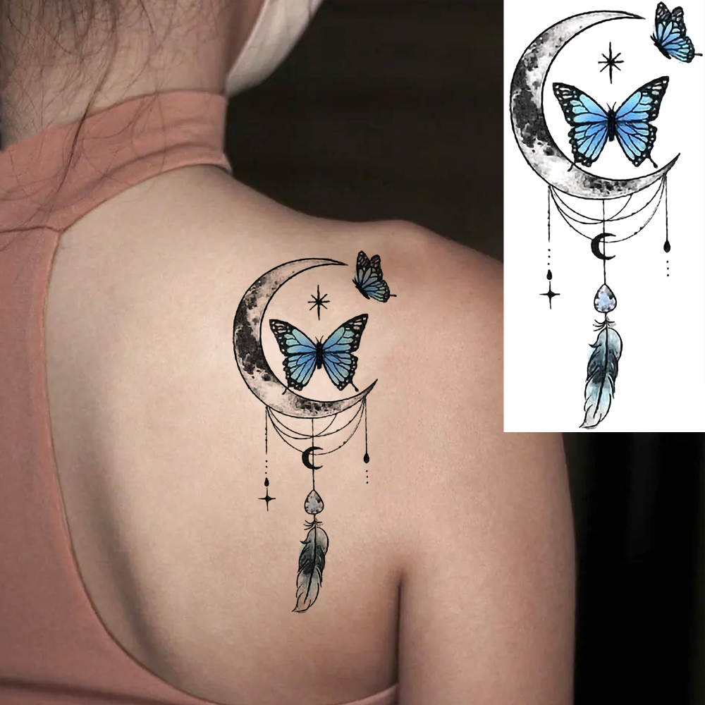 1 Sheet Dreamcather Butterfly MoonTemporary Tattoos For Women Men Adults Hands Finger Foot Neck Clavicle Legs Forearm Shank Arm Body Art Makeup, Semi Permanent Temp Fake Tattoo Stickers Waterproof Long Lasting Realistic Tatoos For Festival Party Accessory