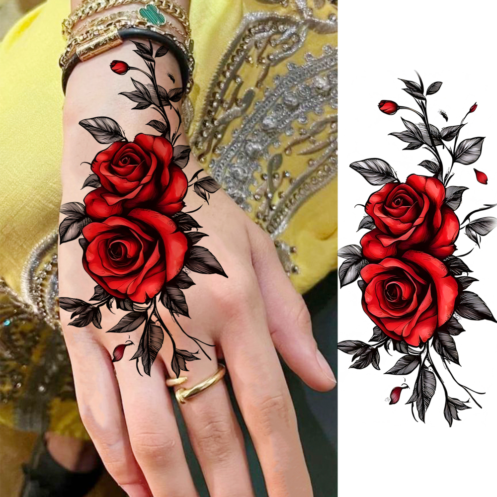 1 Sheet Rose Flower Temporary Tattoos For Women Men Adults Hands Finger Foot Neck Clavicle Legs Forearm Shank Arm Body Art Makeup, Semi Permanent Temp Fake Tattoo Stickers Waterproof Long Lasting Realistic Tatoos For Festival Party Accessory