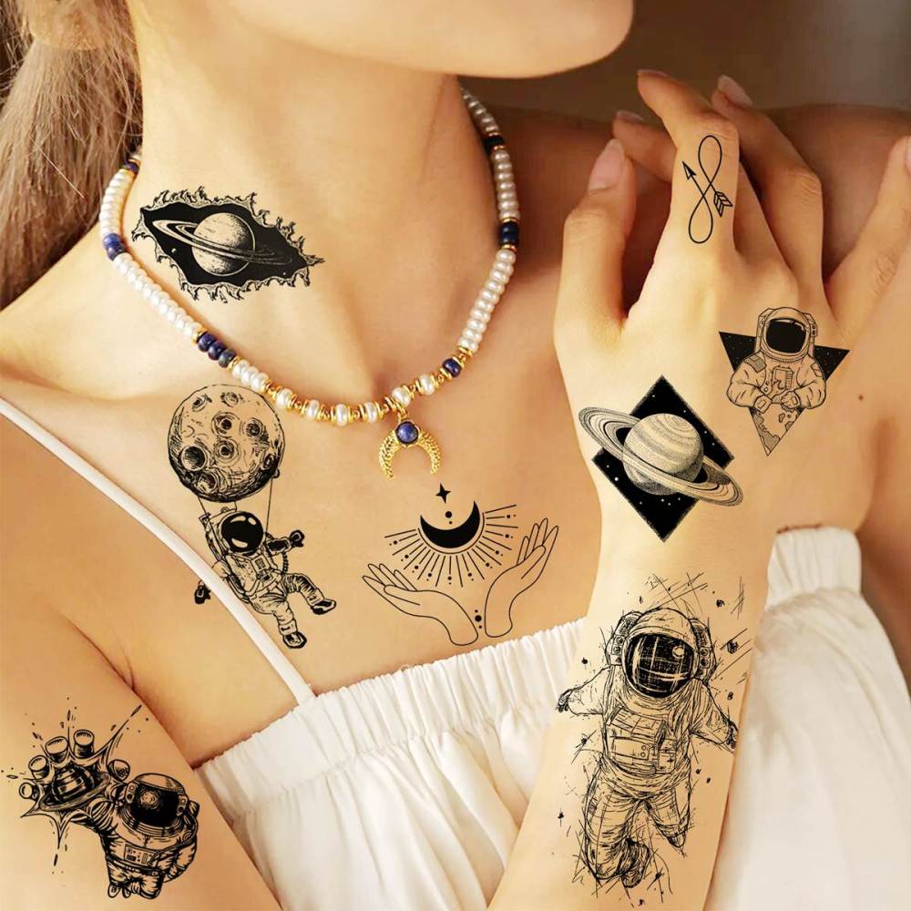 15 Sheets Space Astronaut Temporary Tattoos For Kids Women Men Adults Hands Finger Foot Neck Clavicle Shank Arm Body Art Makeup, Semi Permanent Temp Fake Tattoo Stickers Waterproof Long Lasting Realistic Tatoos For Festival Party Accessory