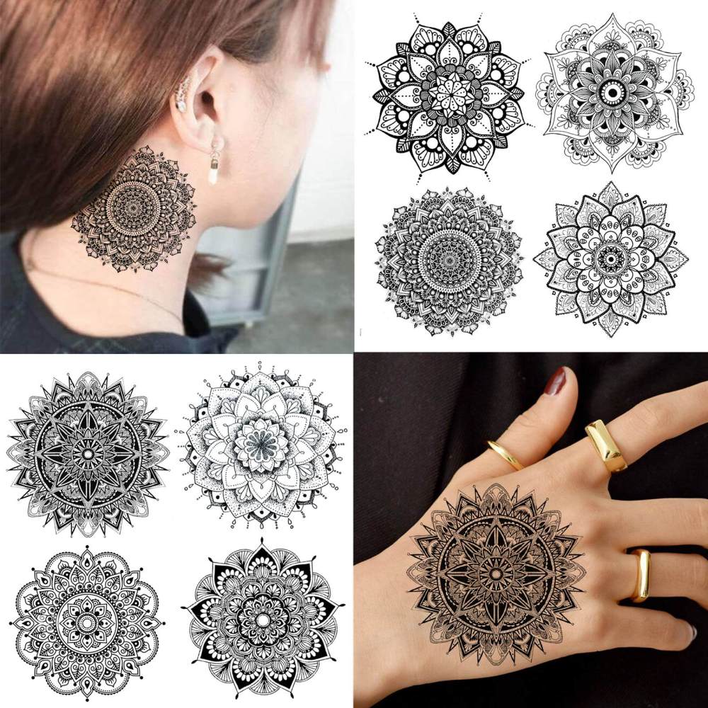8 Sheets Henna Mandala Temporary Tattoos For Women Men Adults Hands Finger Foot Neck Clavicle Legs Thigh Forearm Shank Arm Body Art Makeup, Semi Permanent Temp Fake Tattoo Stickers Waterproof Long Lasting Realistic Tatoos For Festival Party Accessory