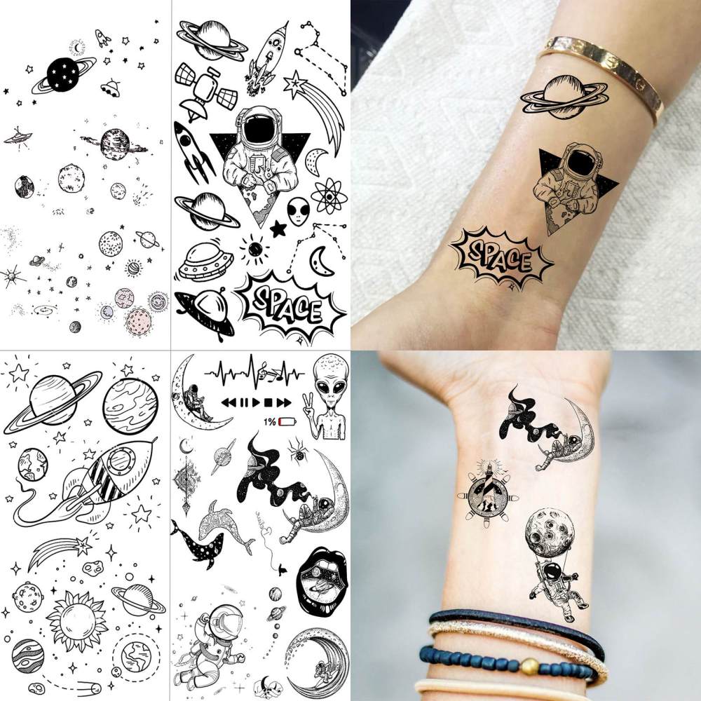 15 Sheets Outer Space Moon Temporary Tattoos For Women Men Adults Hands Finger Foot Neck Clavicle Legs Thigh Forearm Shank Arm Body Art Makeup, Semi Permanent Temp Fake Tattoo Stickers Waterproof Long Lasting Realistic Tatoos For Festival Party Accessory