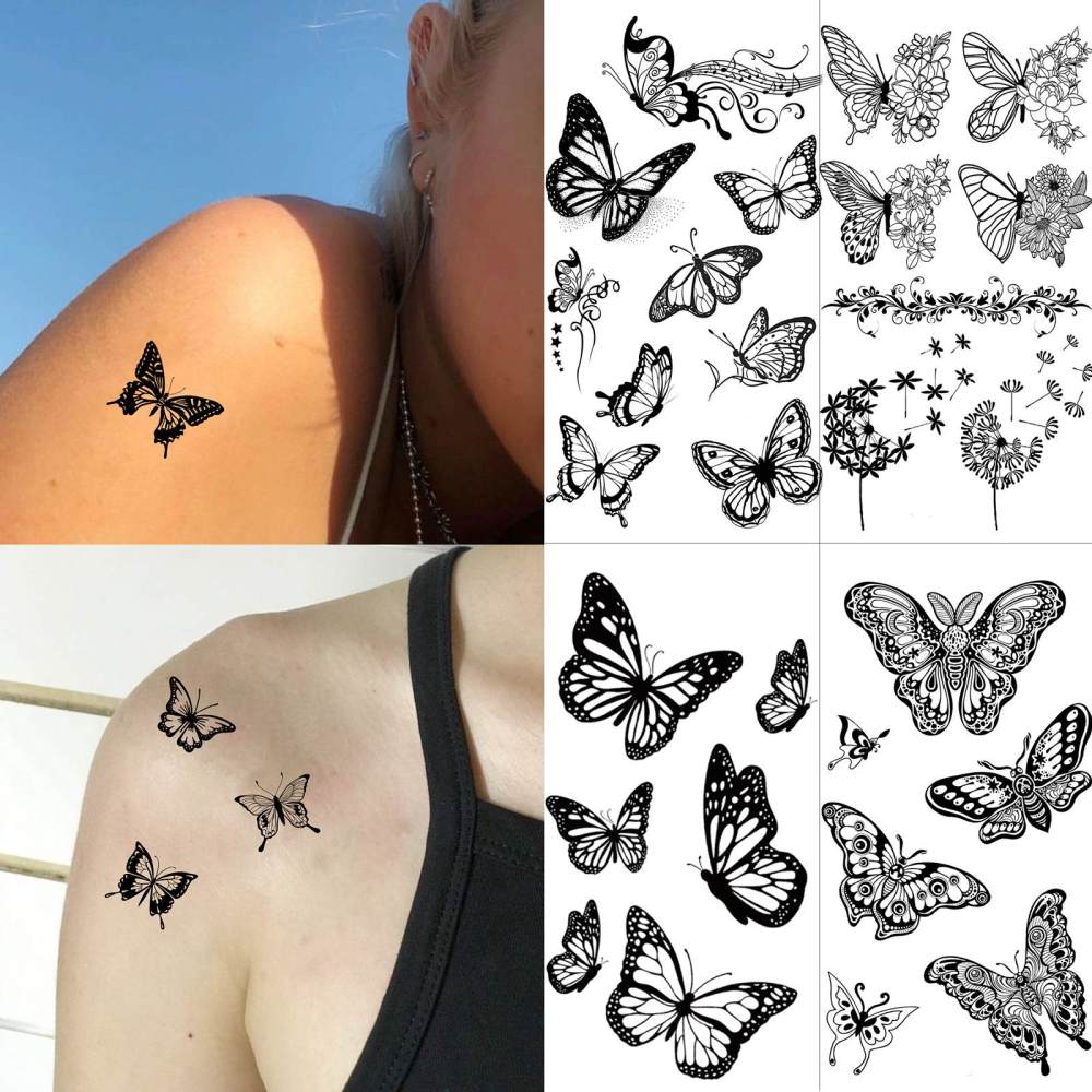 15 Sheets Butterfly Temporary Tattoos For Women Men Adults Hands Finger Foot Neck Clavicle Legs Thigh Forearm Shank Arm Body Art Makeup, Semi Permanent Temp Fake Tattoo Stickers Waterproof Long Lasting Realistic Tatoos For Festival Party Accessory
