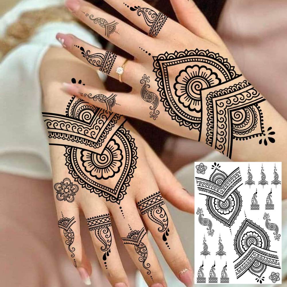 4 Sheets Henna Temporary Tattoos For Women Men Adults Hands Finger Foot Neck Clavicle Legs Forearm Shank Arm Body Art Makeup, Semi Permanent Temp Fake Tattoo Stickers Waterproof Long Lasting Realistic Tatoos For Festival Party Accessory