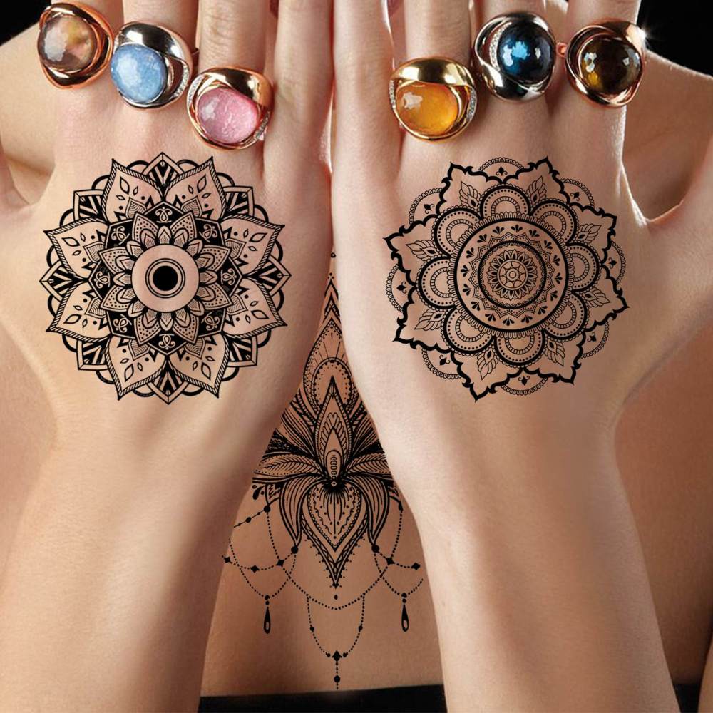 4 Sheets Henna Temporary Tattoos For Women Men Adults Hands Finger Foot Neck Clavicle Legs Forearm Shank Arm Body Art Makeup, Semi Permanent Temp Fake Tattoo Stickers Waterproof Long Lasting Realistic Tatoos For Festival Party Accessory