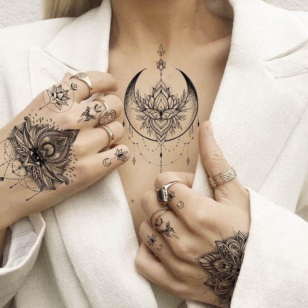 4 Sheets Henna Temporary Tattoos For Women Men Adults Hands Finger Foot Neck Clavicle Legs Forearm Shank Arm Body Art Makeup, Semi Permanent Temp Fake Tattoo Stickers Waterproof Long Lasting Realistic Tatoos For Festival Party Accessory