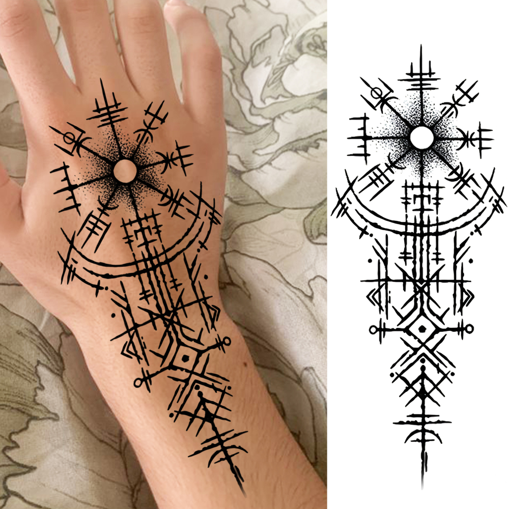 1 Sheet Compass Totem Temporary Tattoos For Women Men Adults Hands Finger Foot Neck Clavicle Legs Forearm Shank Arm Body Art Makeup, Semi Permanent Temp Fake Tattoo Stickers Waterproof Long Lasting Realistic Tatoos For Festival Party Accessory
