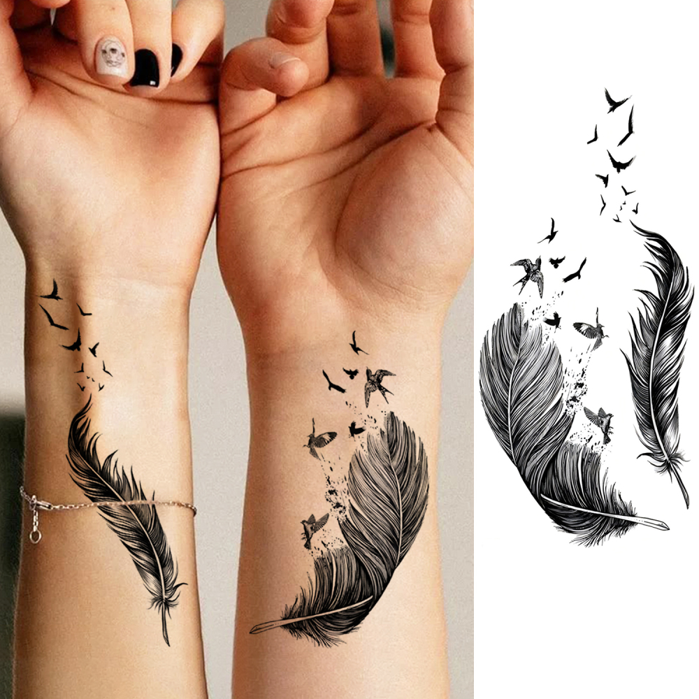 1 Sheet Feather Temporary Tattoos For Women Men Adults Hands Finger Foot Neck Clavicle Legs Forearm Shank Arm Body Art Makeup, Semi Permanent Temp Fake Tattoo Stickers Waterproof Long Lasting Realistic Tatoos For Festival Party Accessory