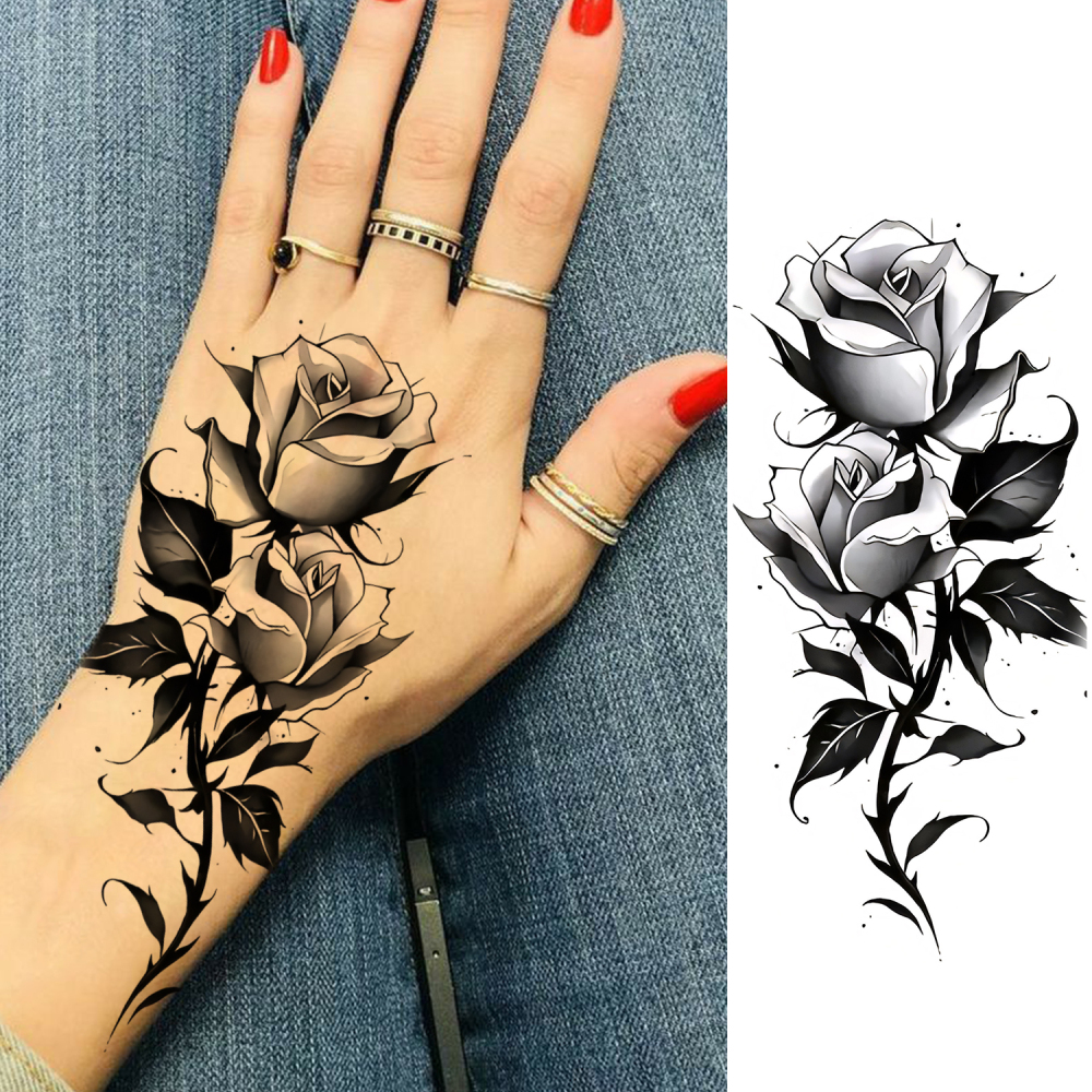 1 Sheet Rose Flower Temporary Tattoos For Women Men Adults Hands Finger Foot Neck Clavicle Legs Forearm Shank Arm Body Art Makeup, Semi Permanent Temp Fake Tattoo Stickers Waterproof Long Lasting Realistic Tatoos For Festival Party Accessory