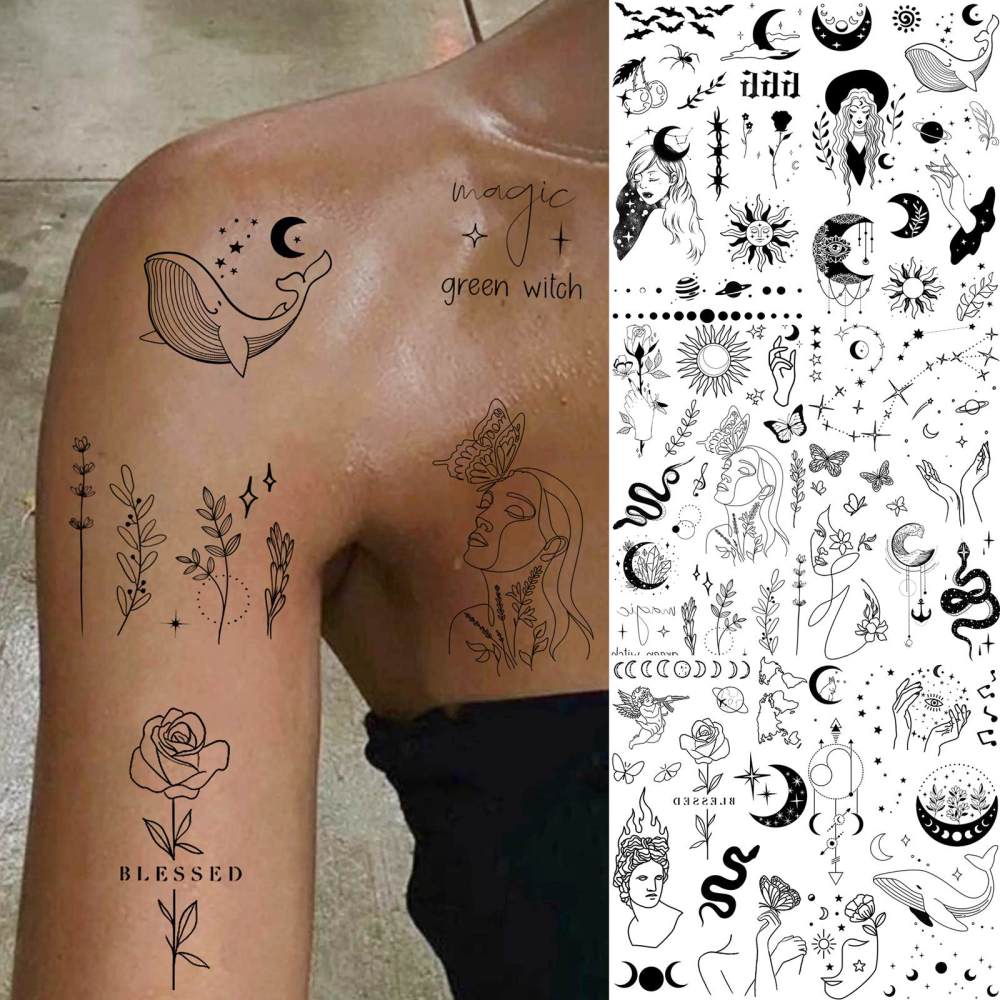 15 Sheets abstract Moon Temporary Tattoos For Women Men Adults Hands Finger Foot Neck Clavicle Legs Thigh Forearm Shank Arm Body Art Makeup, Semi Permanent Temp Fake Tattoo Stickers Waterproof Long Lasting Realistic Tatoos For Festival Party Accessory