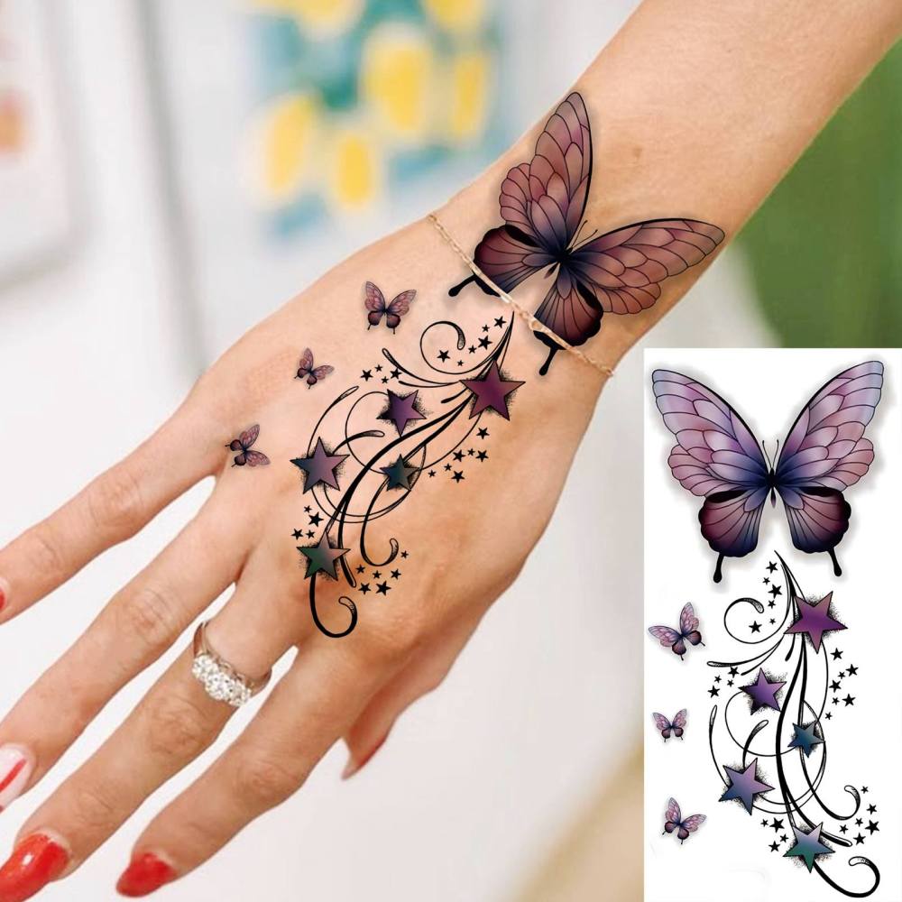 1 Sheet butterfly Flowers Temporary Tattoos For Women Men Adults Hands Finger Foot Neck Clavicle Legs Forearm Shank Arm Body Art Makeup, Semi Permanent Temp Fake Tattoo Stickers Waterproof Long Lasting Realistic Tatoos For Festival Party Accessory