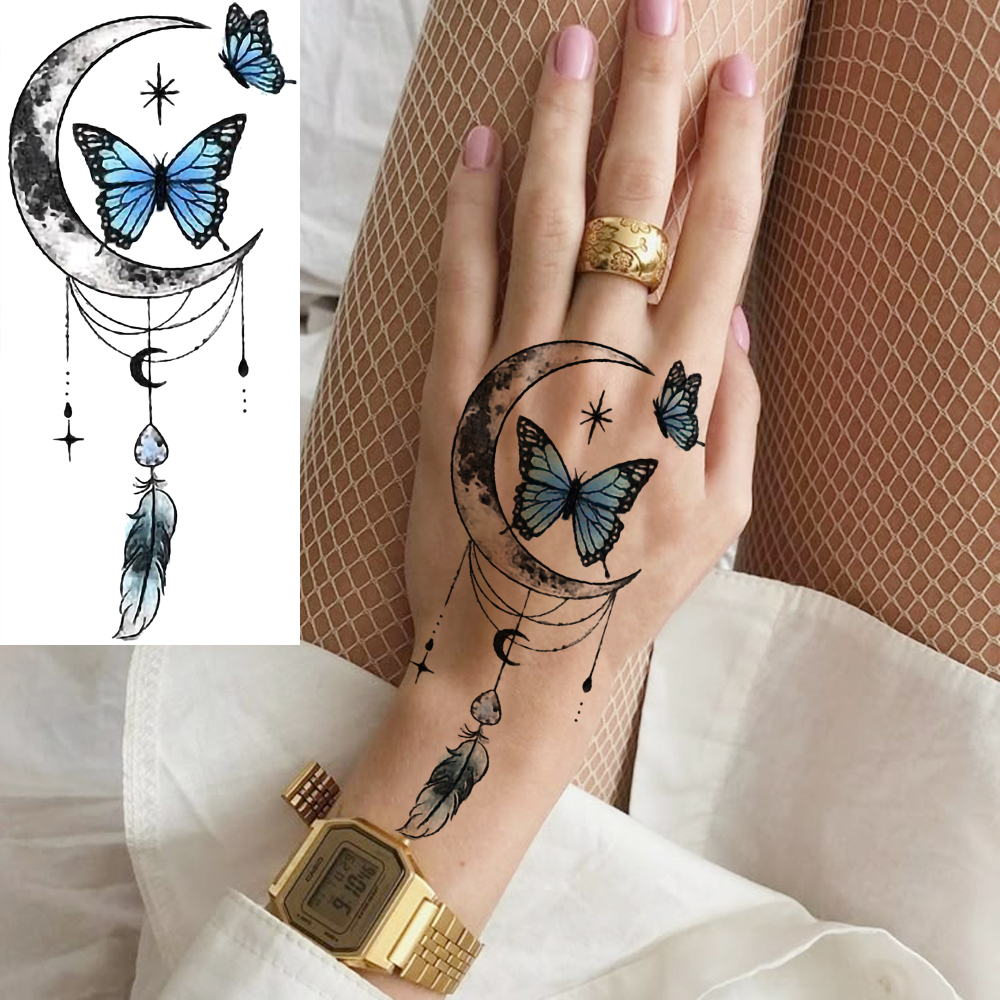 1 Sheet Dreamcather Butterfly MoonTemporary Tattoos For Women Men Adults Hands Finger Foot Neck Clavicle Legs Forearm Shank Arm Body Art Makeup, Semi Permanent Temp Fake Tattoo Stickers Waterproof Long Lasting Realistic Tatoos For Festival Party Accessory