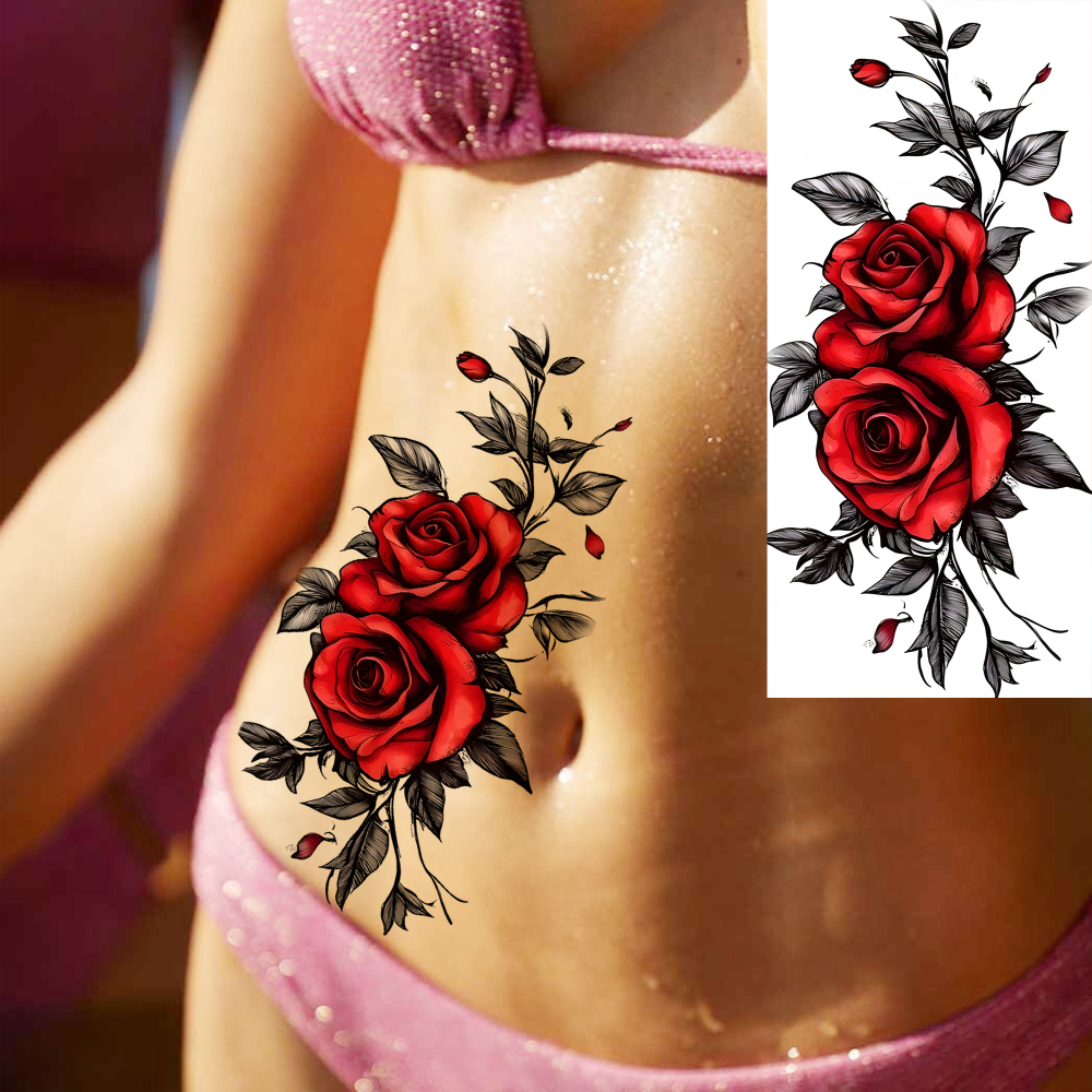 1 Sheet Rose Flower Temporary Tattoos For Women Men Adults Hands Finger Foot Neck Clavicle Legs Forearm Shank Arm Body Art Makeup, Semi Permanent Temp Fake Tattoo Stickers Waterproof Long Lasting Realistic Tatoos For Festival Party Accessory