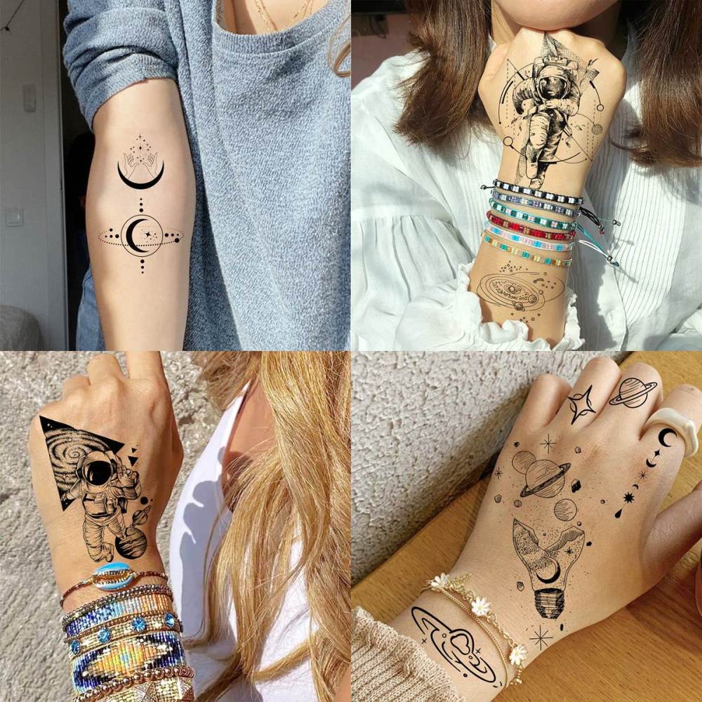 15 Sheets Space Astronaut Temporary Tattoos For Kids Women Men Adults Hands Finger Foot Neck Clavicle Shank Arm Body Art Makeup, Semi Permanent Temp Fake Tattoo Stickers Waterproof Long Lasting Realistic Tatoos For Festival Party Accessory