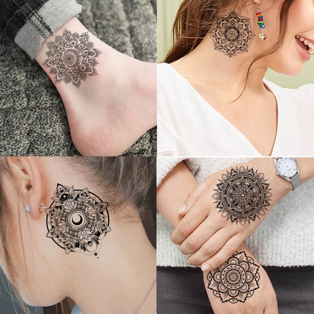 8 Sheets Henna Mandala Temporary Tattoos For Women Men Adults Hands Finger Foot Neck Clavicle Legs Thigh Forearm Shank Arm Body Art Makeup, Semi Permanent Temp Fake Tattoo Stickers Waterproof Long Lasting Realistic Tatoos For Festival Party Accessory