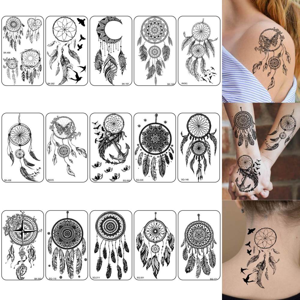 15 Sheets Dreamcatcher Temporary Tattoos For Women Men Adults Hands Finger Foot Neck Clavicle Legs Thigh Forearm Shank Arm Body Art Makeup, Semi Permanent Temp Fake Tattoo Stickers Waterproof Long Lasting Realistic Tatoos For Festival Party Accessory