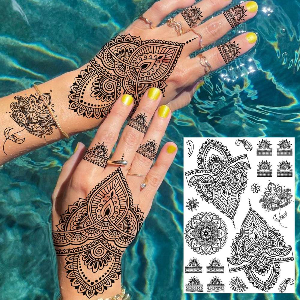 4 Sheets Henna Temporary Tattoos For Women Men Adults Hands Finger Foot Neck Clavicle Legs Forearm Shank Arm Body Art Makeup, Semi Permanent Temp Fake Tattoo Stickers Waterproof Long Lasting Realistic Tatoos For Festival Party Accessory
