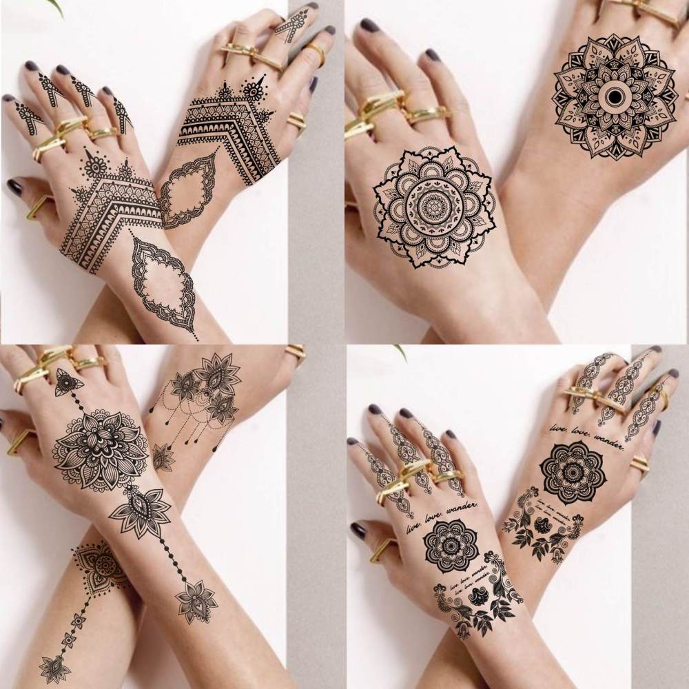 4 Sheets Henna Temporary Tattoos For Women Men Adults Hands Finger Foot Neck Clavicle Legs Forearm Shank Arm Body Art Makeup, Semi Permanent Temp Fake Tattoo Stickers Waterproof Long Lasting Realistic Tatoos For Festival Party Accessory