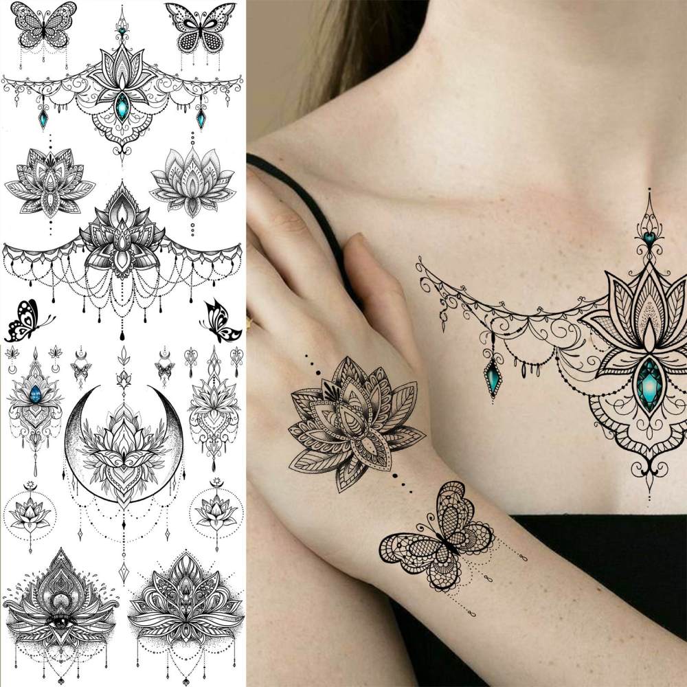 4 Sheets Henna Temporary Tattoos For Women Men Adults Hands Finger Foot Neck Clavicle Legs Forearm Shank Arm Body Art Makeup, Semi Permanent Temp Fake Tattoo Stickers Waterproof Long Lasting Realistic Tatoos For Festival Party Accessory
