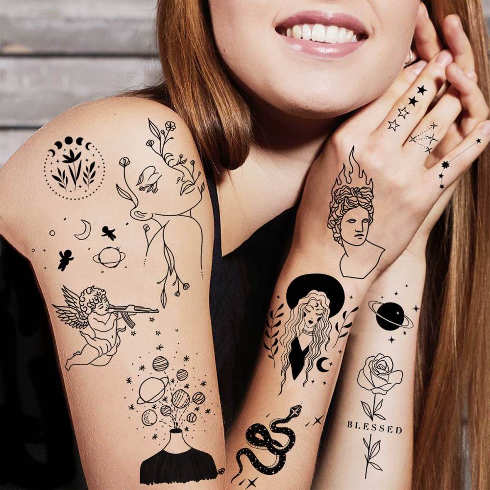 15 Sheets Abstract Minimalism Temporary Tattoos For Women Men Adults Kids Hands Finger Foot Neck Clavicle Shank Arm Body Art Makeup, Semi Permanent Temp Fake Tattoo Stickers Waterproof Long Lasting Realistic Tatoos For Festival Party Accessory