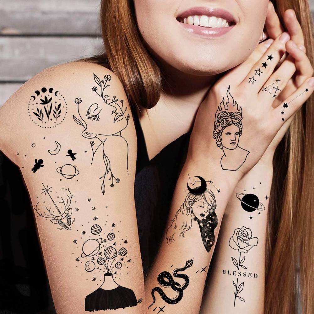 15 Sheets Abstract Minimalism Temporary Tattoos For Women Men Adults Kids Hands Finger Foot Neck Clavicle Shank Arm Body Art Makeup, Semi Permanent Temp Fake Tattoo Stickers Waterproof Long Lasting Realistic Tatoos For Festival Party Accessory