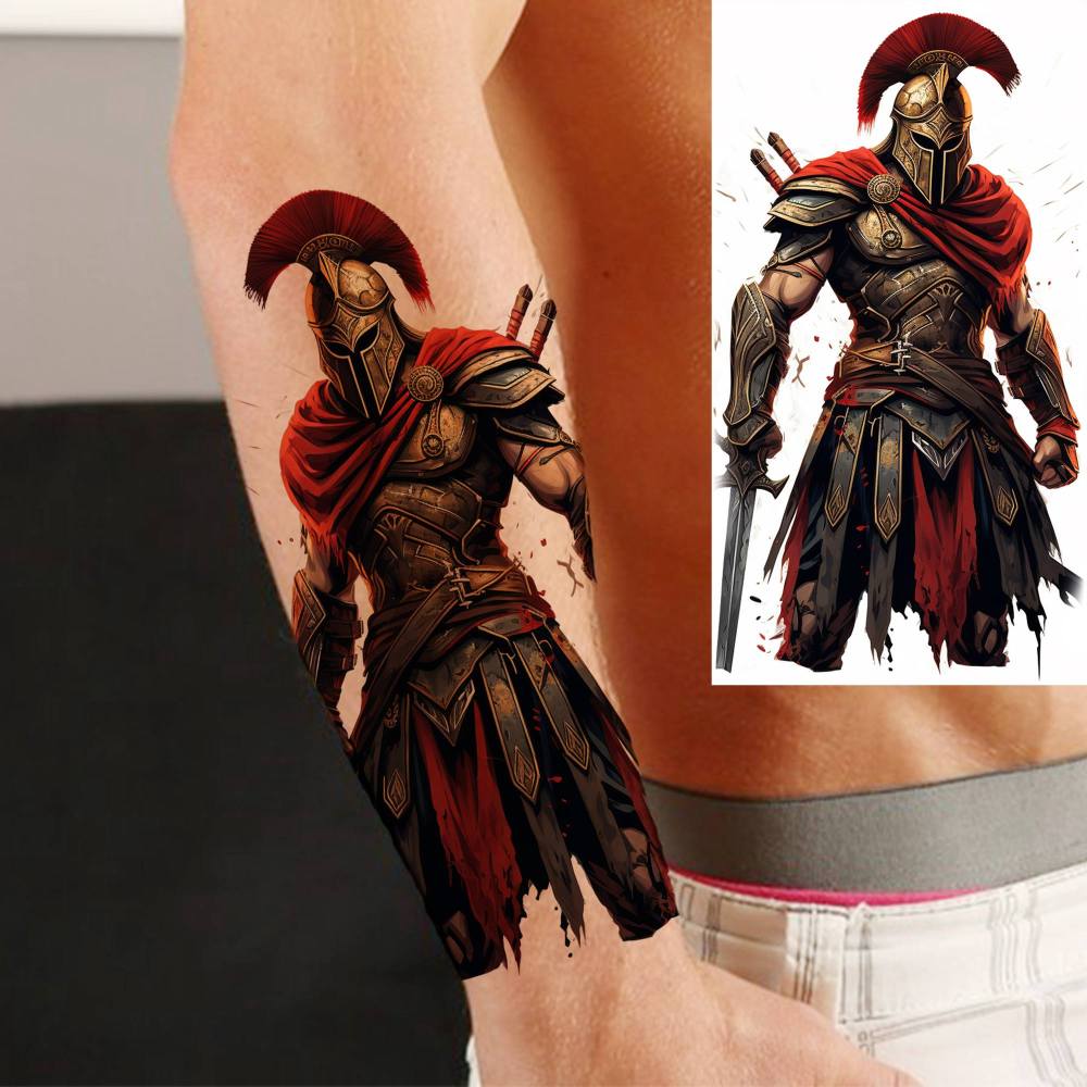 6 Sheets Spartan Warriors Temporary Tattoos For Women Men Adults Hands Finger Foot Neck Clavicle Shank Arm Body Art Makeup, Semi Permanent Temp Fake Tattoo Stickers Waterproof Long Lasting Realistic Tatoos For Festival Party Accessory