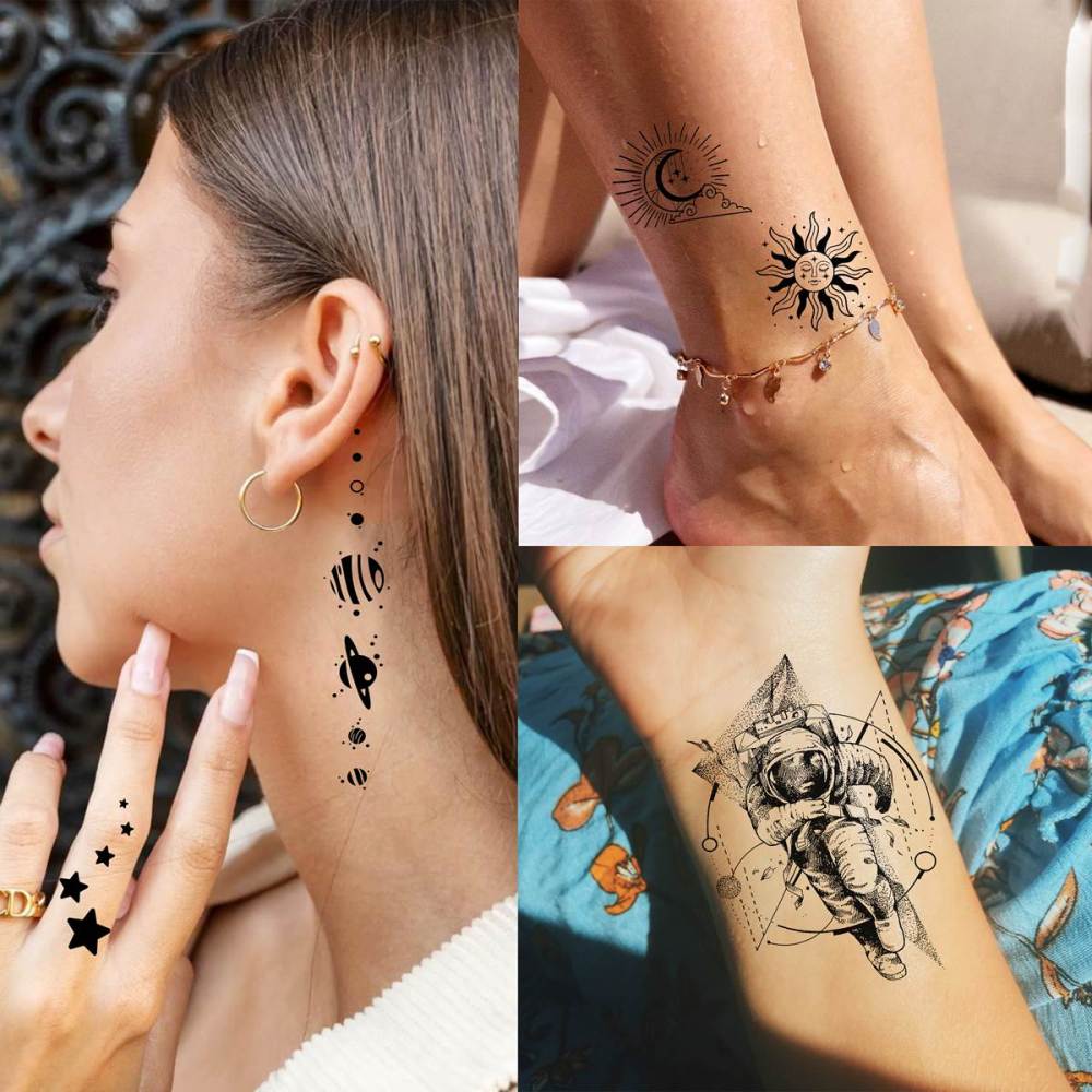 15 Sheets Space Astronaut Temporary Tattoos For Kids Women Men Adults Hands Finger Foot Neck Clavicle Shank Arm Body Art Makeup, Semi Permanent Temp Fake Tattoo Stickers Waterproof Long Lasting Realistic Tatoos For Festival Party Accessory