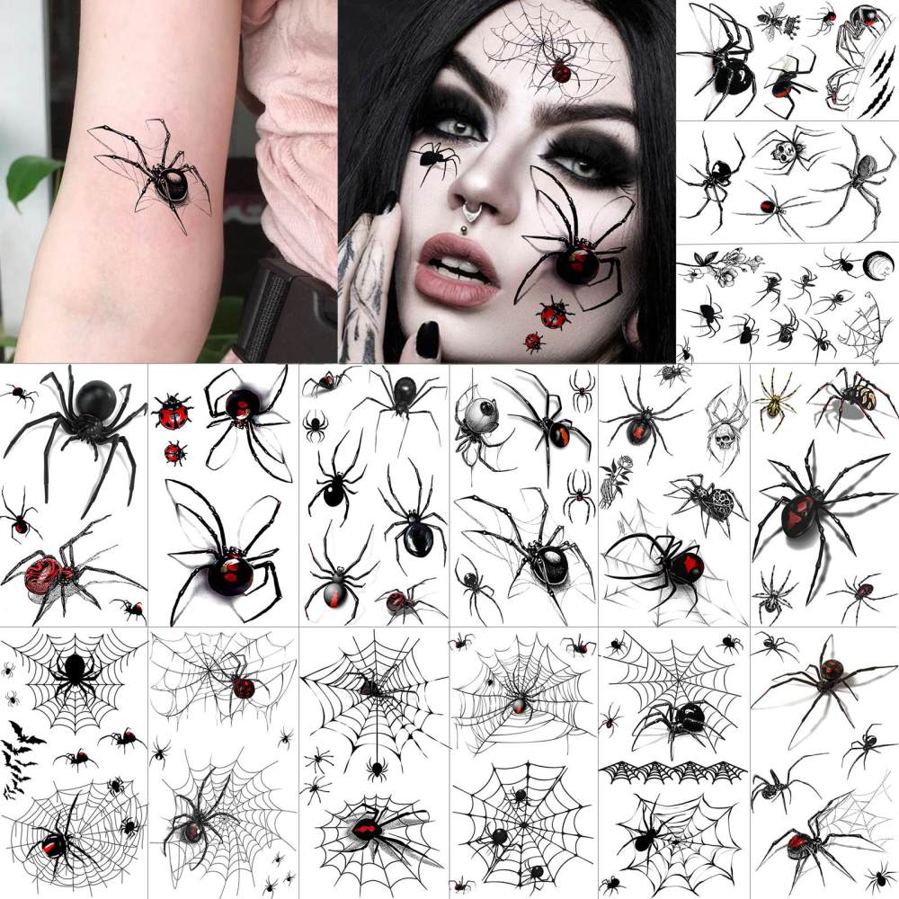 15 Sheets Spider Temporary Tattoos For Women Men Adults Hands Finger Foot Neck Clavicle Legs Thigh Forearm Shank Arm Body Art Makeup, Semi Permanent Temp Fake Tattoo Stickers Waterproof Long Lasting Realistic Tatoos For Festival Party Accessory