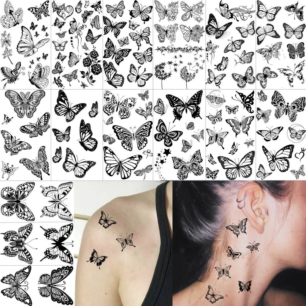 15 Sheets Butterfly Temporary Tattoos For Women Men Adults Hands Finger Foot Neck Clavicle Legs Thigh Forearm Shank Arm Body Art Makeup, Semi Permanent Temp Fake Tattoo Stickers Waterproof Long Lasting Realistic Tatoos For Festival Party Accessory