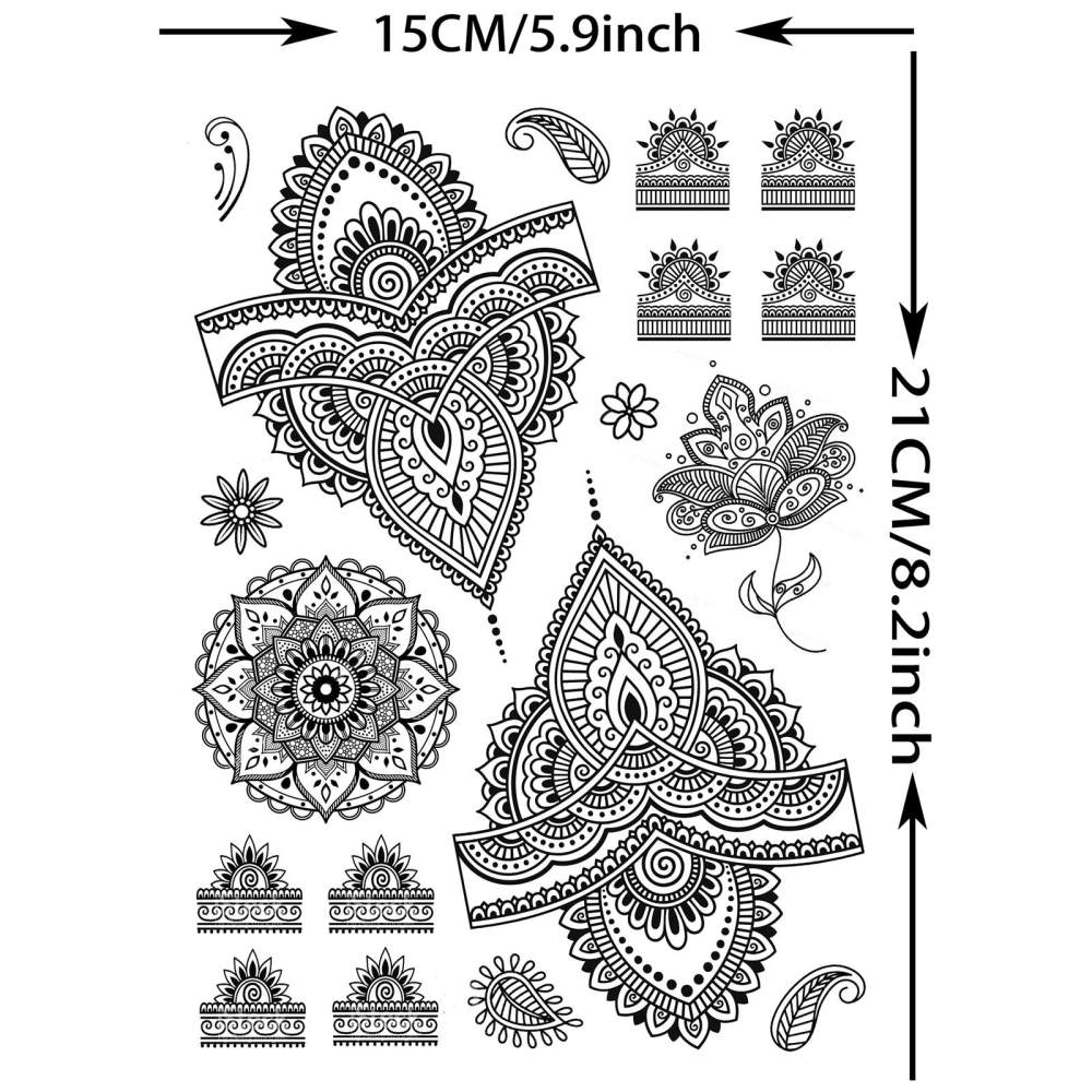 4 Sheets Henna Temporary Tattoos For Women Men Adults Hands Finger Foot Neck Clavicle Legs Forearm Shank Arm Body Art Makeup, Semi Permanent Temp Fake Tattoo Stickers Waterproof Long Lasting Realistic Tatoos For Festival Party Accessory