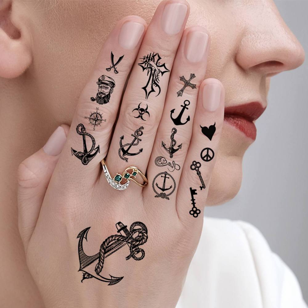 15 Sheets Pirate Anchor Temporary Tattoos For Women Men Adults Kids Hands Finger Foot Neck Clavicle Shank Arm Body Art Makeup, Semi Permanent Temp Fake Tattoo Stickers Waterproof Long Lasting Realistic Tatoos For Festival Party Accessory