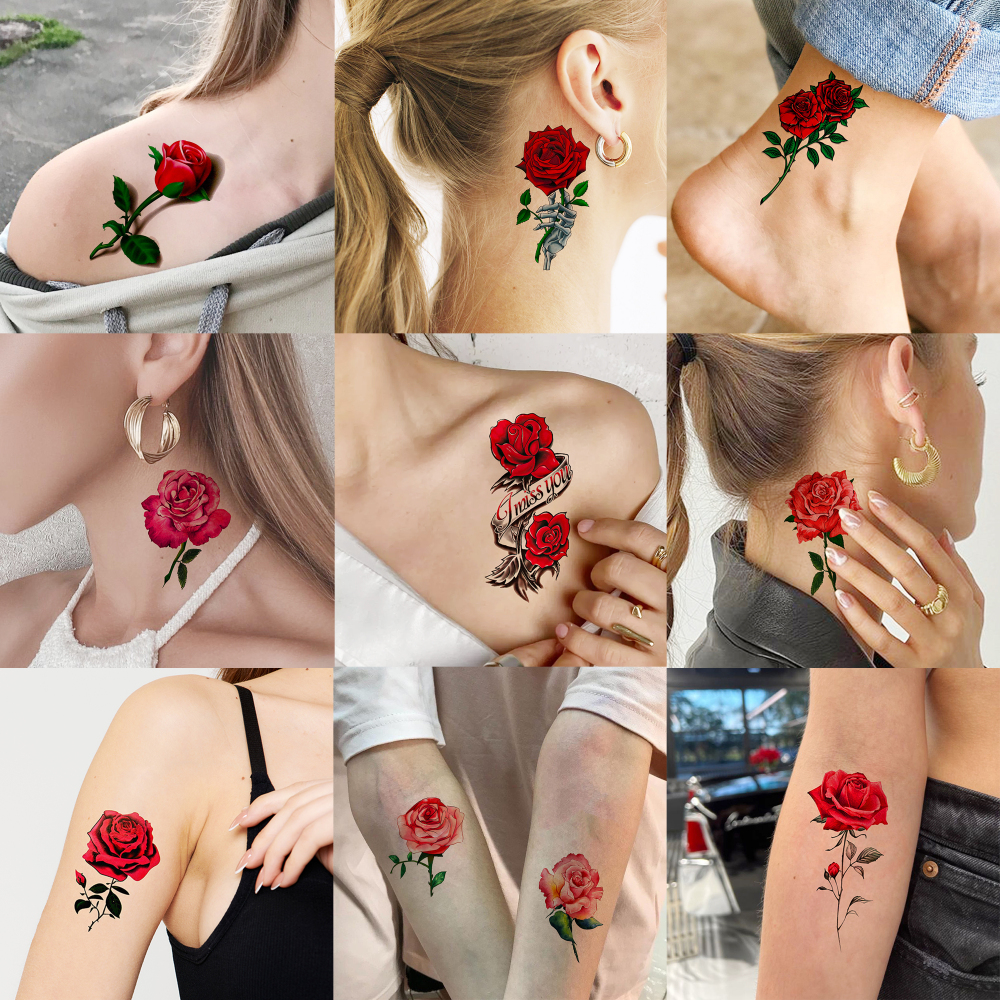 24 Sheets Small Rose Temporary Tattoos For Women Men Adults Kids Hands Finger Foot Neck Clavicle Shank Arm Body Art Makeup, Semi Permanent Temp Fake Tattoo Stickers Waterproof Long Lasting Realistic Tatoos For Festival Party Accessory