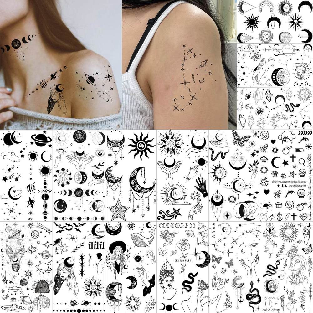15 Sheets abstract Moon Temporary Tattoos For Women Men Adults Hands Finger Foot Neck Clavicle Legs Thigh Forearm Shank Arm Body Art Makeup, Semi Permanent Temp Fake Tattoo Stickers Waterproof Long Lasting Realistic Tatoos For Festival Party Accessory