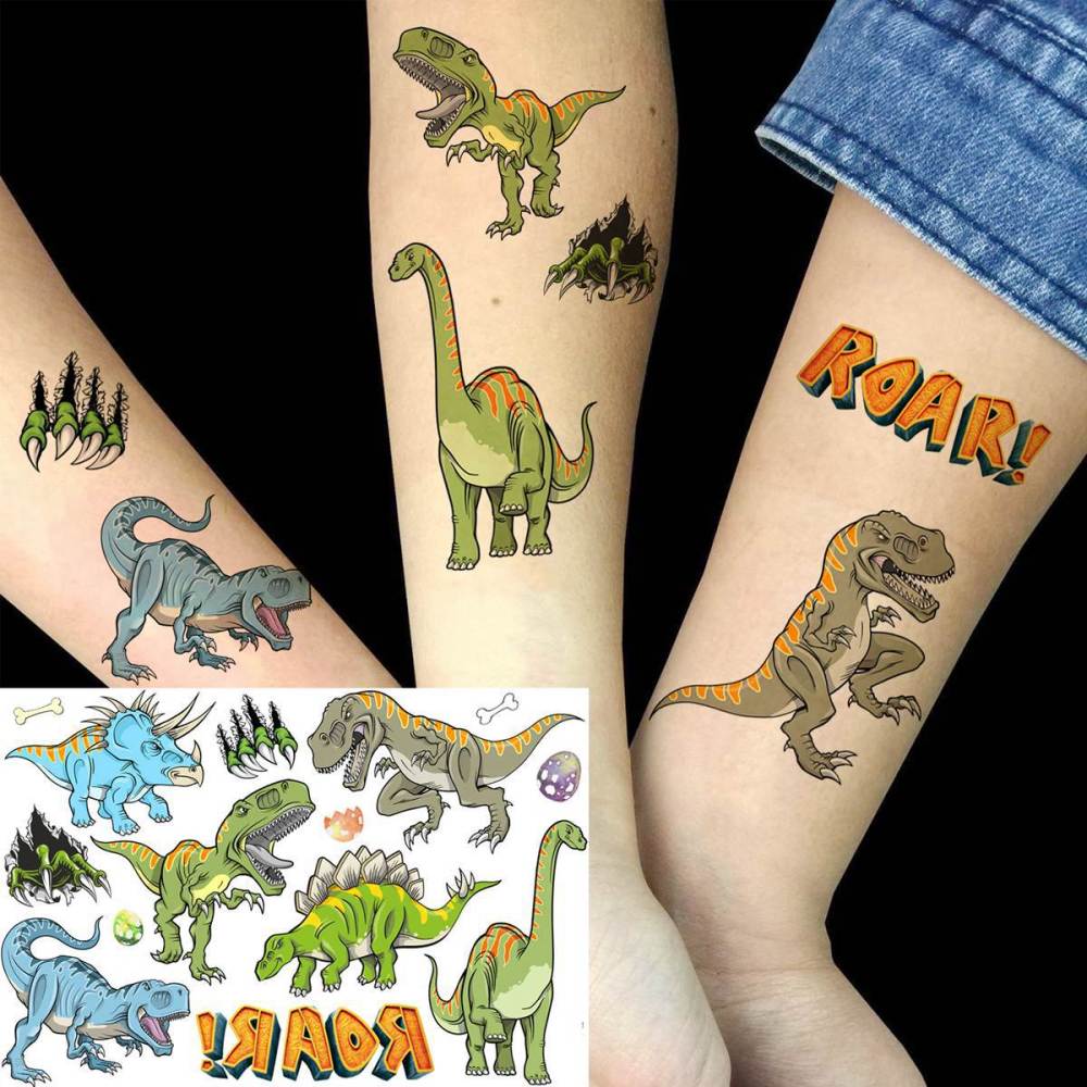 6 Sheets Cartoon Dinosaur Temporary Tattoos For Women Men Adults Kids Hands Finger Foot Neck Clavicle Shank Arm Body Art Makeup, Semi Permanent Temp Fake Tattoo Stickers Waterproof Long Lasting Realistic Tatoos For Festival Party Accessory