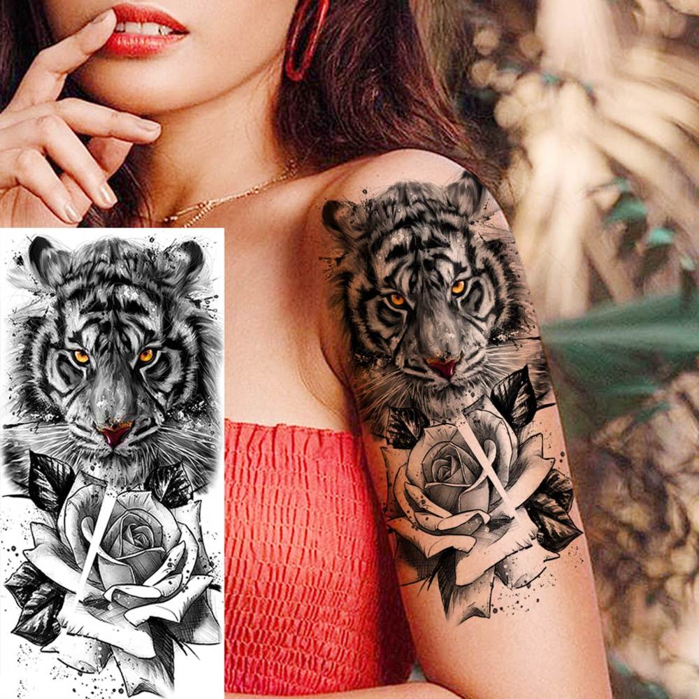 8 Sheets Tiger Flower Florals Temporary Tattoos For Women Men Adults Hands Finger Foot Neck Clavicle Shank Arm Body Art Makeup, Semi Permanent Temp Fake Tattoo Stickers Waterproof Long Lasting Realistic Tatoos For Festival Party Accessory