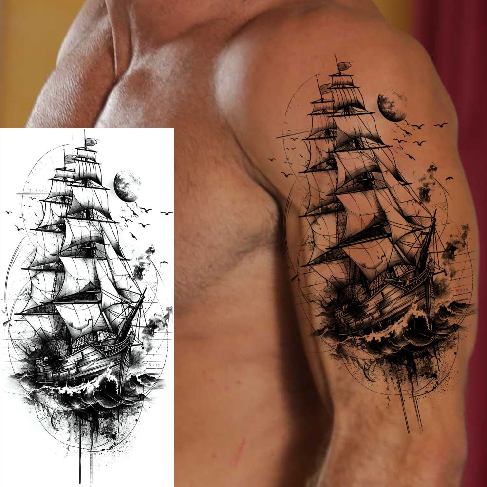 8 Sheets Ship Temporary Tattoos For Women Men Adults Hands Finger Foot Neck Clavicle Shank Arm Body Art Makeup, Semi Permanent Temp Fake Tattoo Stickers Waterproof Long Lasting Realistic Tatoos For Festival Party Accessory
