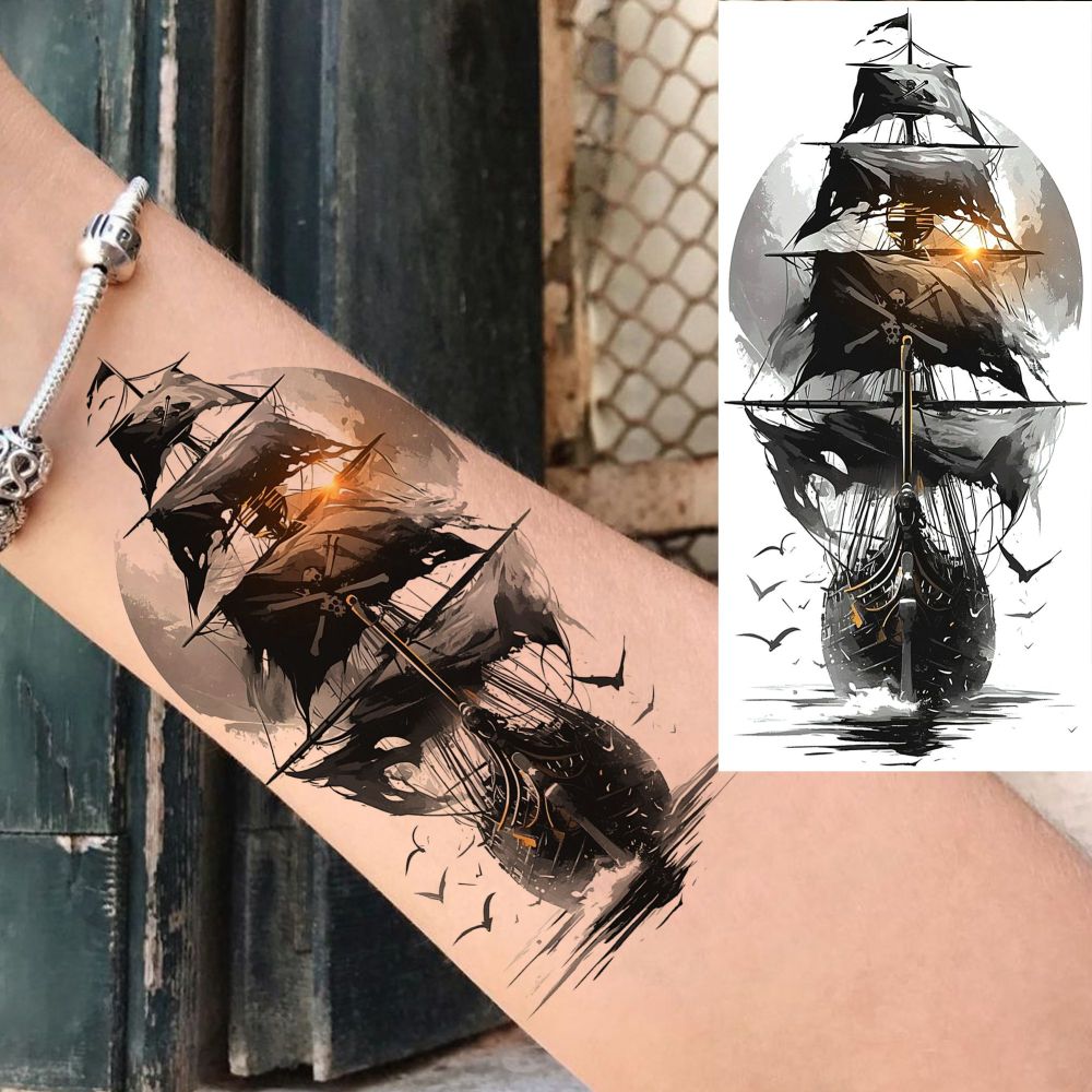 8 Sheets Ship Temporary Tattoos For Women Men Adults Hands Finger Foot Neck Clavicle Shank Arm Body Art Makeup, Semi Permanent Temp Fake Tattoo Stickers Waterproof Long Lasting Realistic Tatoos For Festival Party Accessory