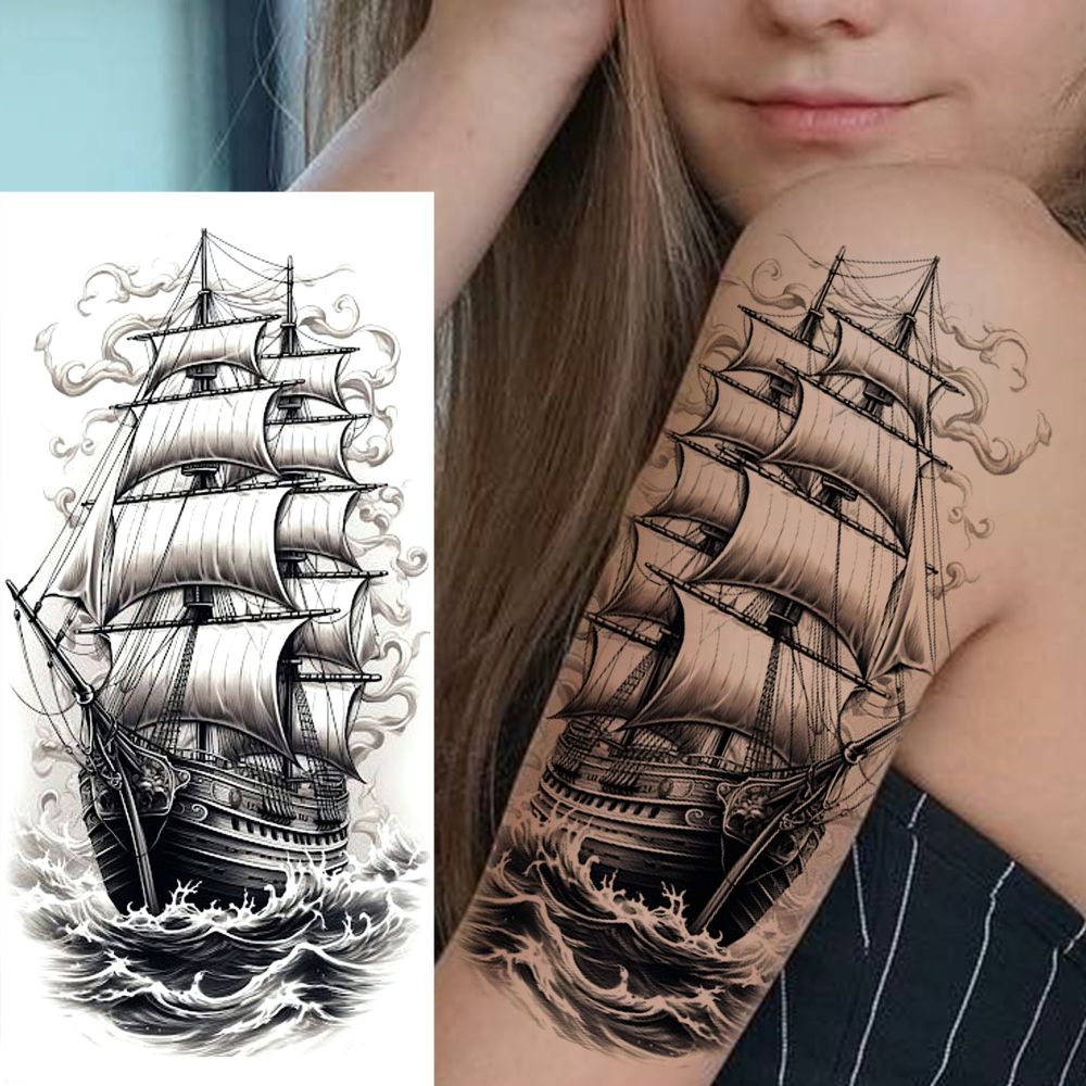 8 Sheets Ship Temporary Tattoos For Women Men Adults Hands Finger Foot Neck Clavicle Shank Arm Body Art Makeup, Semi Permanent Temp Fake Tattoo Stickers Waterproof Long Lasting Realistic Tatoos For Festival Party Accessory