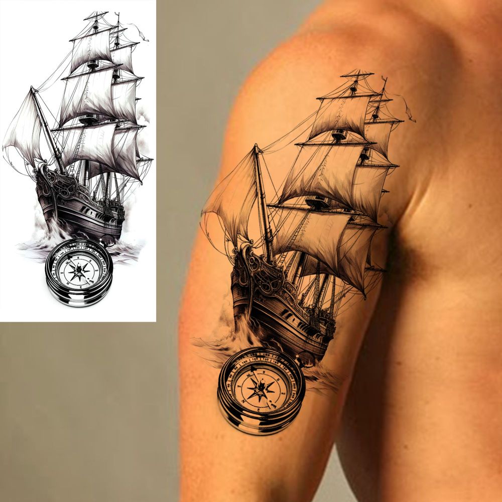 8 Sheets Ship Temporary Tattoos For Women Men Adults Hands Finger Foot Neck Clavicle Shank Arm Body Art Makeup, Semi Permanent Temp Fake Tattoo Stickers Waterproof Long Lasting Realistic Tatoos For Festival Party Accessory