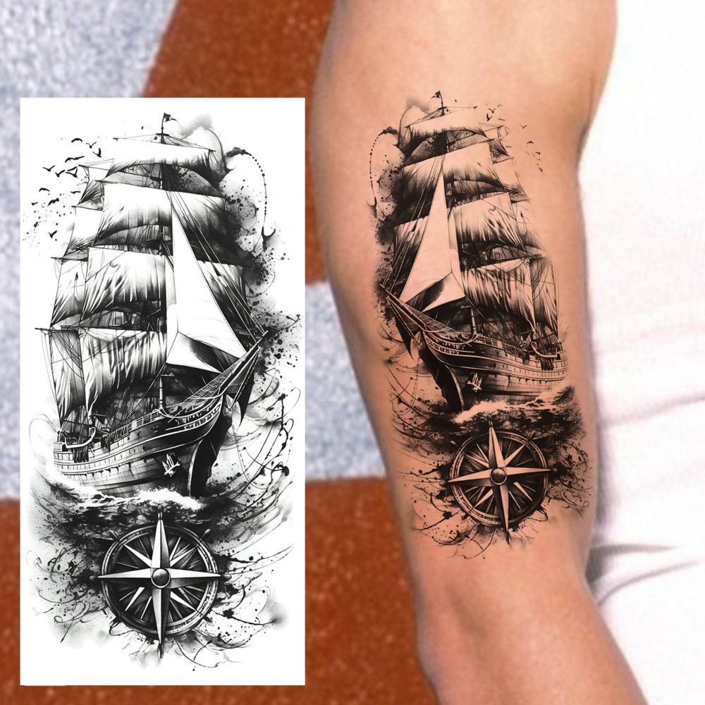 8 Sheets Ship Temporary Tattoos For Women Men Adults Hands Finger Foot Neck Clavicle Shank Arm Body Art Makeup, Semi Permanent Temp Fake Tattoo Stickers Waterproof Long Lasting Realistic Tatoos For Festival Party Accessory