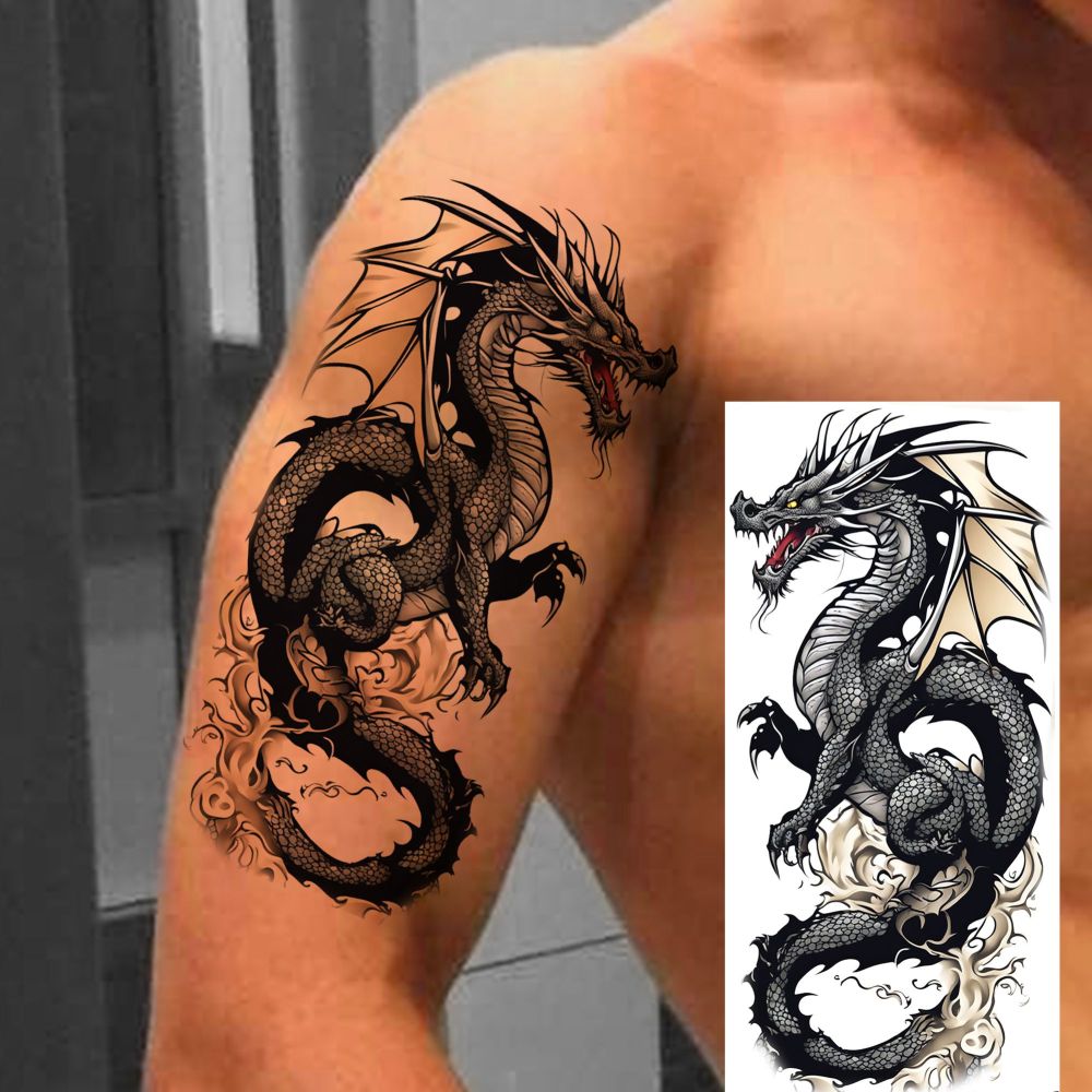 8 Sheets Dragon Temporary Tattoos For Women Men Adults Hands Finger Foot Neck Clavicle Shank Arm Body Art Makeup, Semi Permanent Temp Fake Tattoo Stickers Waterproof Long Lasting Realistic Tatoos For Festival Party Accessory