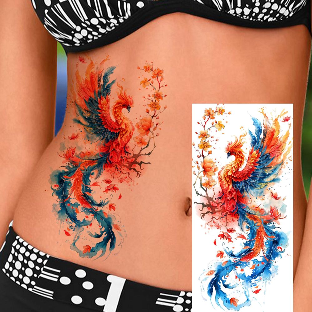 8 Sheets Phoenix Temporary Tattoos For Women Men Adults Hands Finger Foot Neck Clavicle Shank Arm Body Art Makeup, Semi Permanent Temp Fake Tattoo Stickers Waterproof Long Lasting Realistic Tatoos For Festival Party Accessory