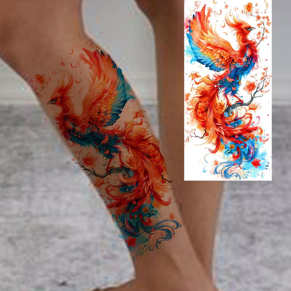 8 Sheets Phoenix Temporary Tattoos For Women Men Adults Hands Finger Foot Neck Clavicle Shank Arm Body Art Makeup, Semi Permanent Temp Fake Tattoo Stickers Waterproof Long Lasting Realistic Tatoos For Festival Party Accessory