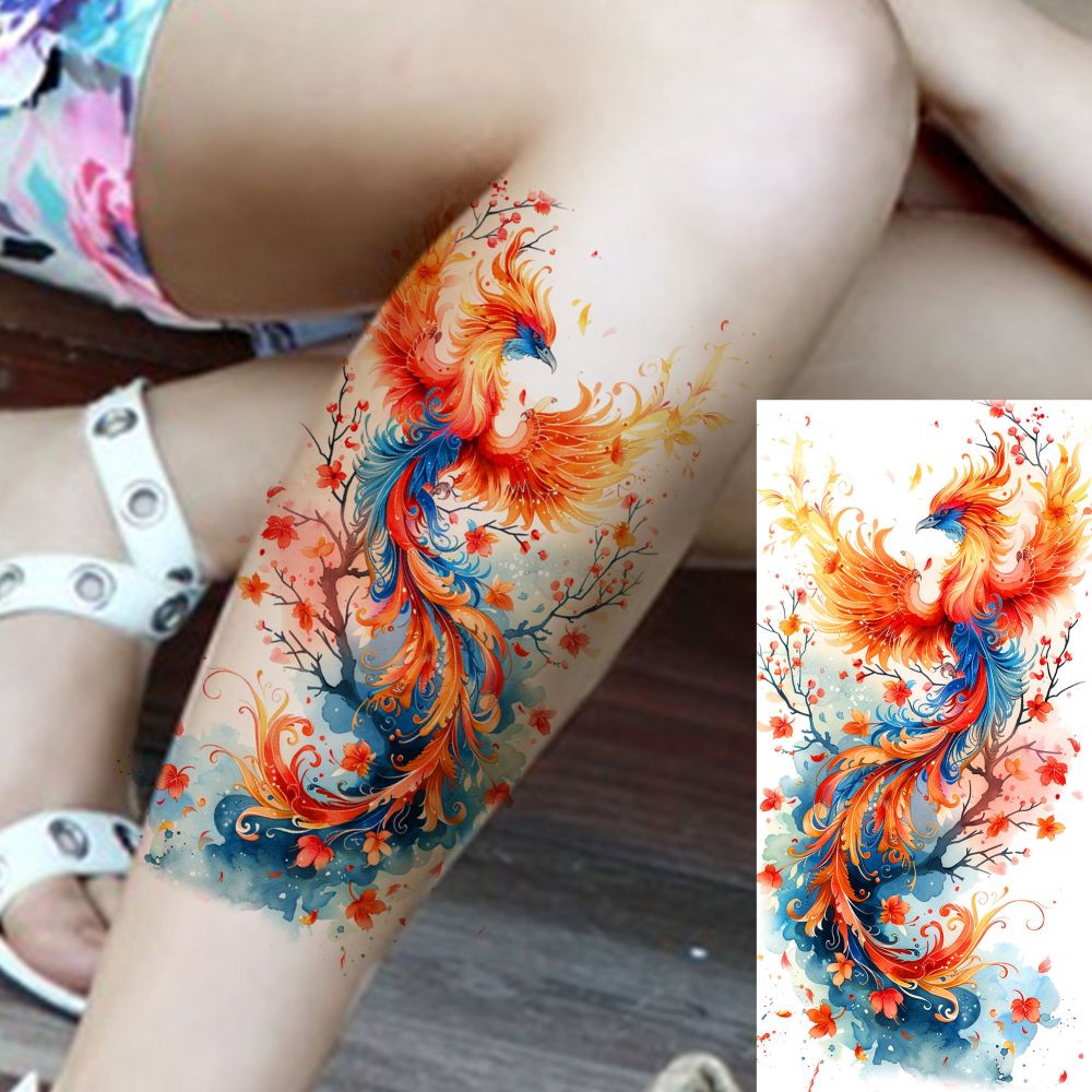 8 Sheets Phoenix Temporary Tattoos For Women Men Adults Hands Finger Foot Neck Clavicle Shank Arm Body Art Makeup, Semi Permanent Temp Fake Tattoo Stickers Waterproof Long Lasting Realistic Tatoos For Festival Party Accessory