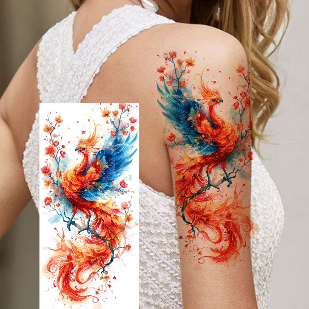 8 Sheets Phoenix Temporary Tattoos For Women Men Adults Hands Finger Foot Neck Clavicle Shank Arm Body Art Makeup, Semi Permanent Temp Fake Tattoo Stickers Waterproof Long Lasting Realistic Tatoos For Festival Party Accessory