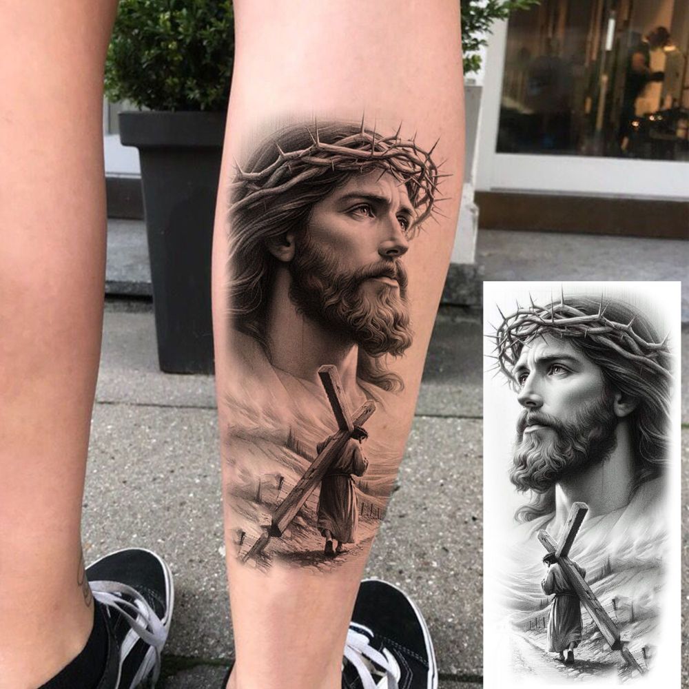 8 Sheets Jesus Christ Temporary Tattoos For Women Men Adults Hands Finger Foot Neck Clavicle Shank Arm Body Art Makeup, Semi Permanent Temp Fake Tattoo Stickers Waterproof Long Lasting Realistic Tatoos For Festival Party Accessory