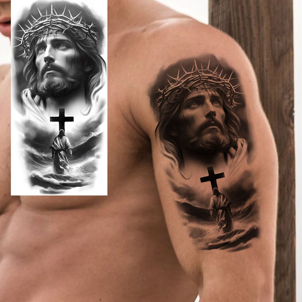 8 Sheets Jesus Christ Temporary Tattoos For Women Men Adults Hands Finger Foot Neck Clavicle Shank Arm Body Art Makeup, Semi Permanent Temp Fake Tattoo Stickers Waterproof Long Lasting Realistic Tatoos For Festival Party Accessory