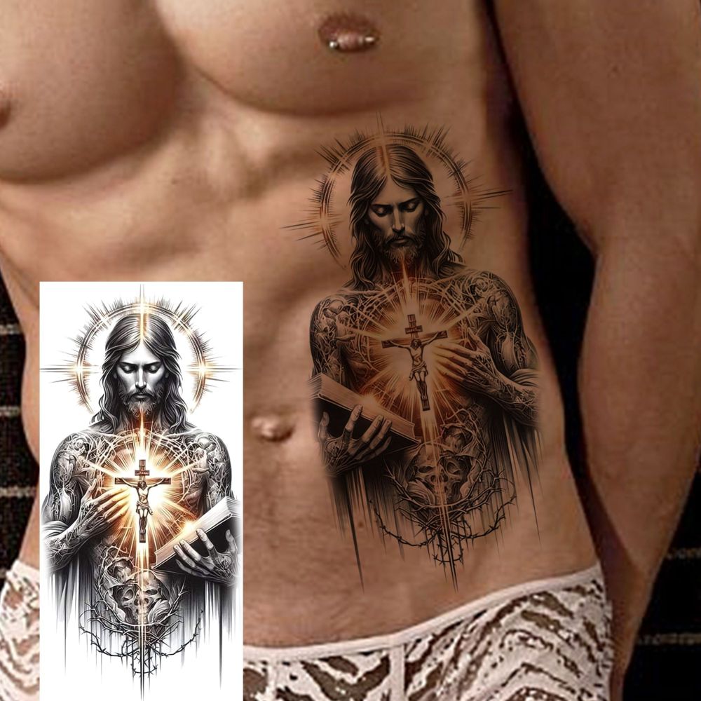 8 Sheets Jesus Christ Temporary Tattoos For Women Men Adults Hands Finger Foot Neck Clavicle Shank Arm Body Art Makeup, Semi Permanent Temp Fake Tattoo Stickers Waterproof Long Lasting Realistic Tatoos For Festival Party Accessory