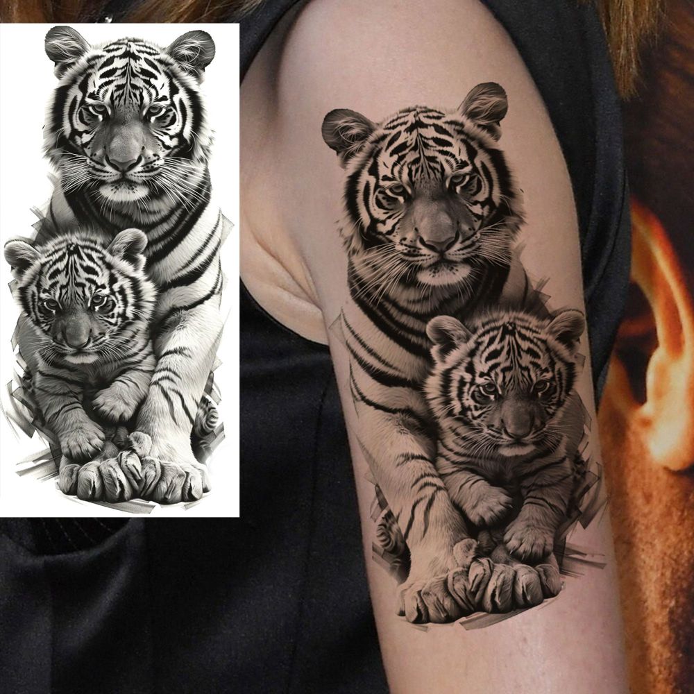 8 Sheets Tiger Temporary Tattoos For Women Men Adults Hands Finger Foot Neck Clavicle Shank Arm Body Art Makeup, Semi Permanent Temp Fake Tattoo Stickers Waterproof Long Lasting Realistic Tatoos For Festival Party Accessory