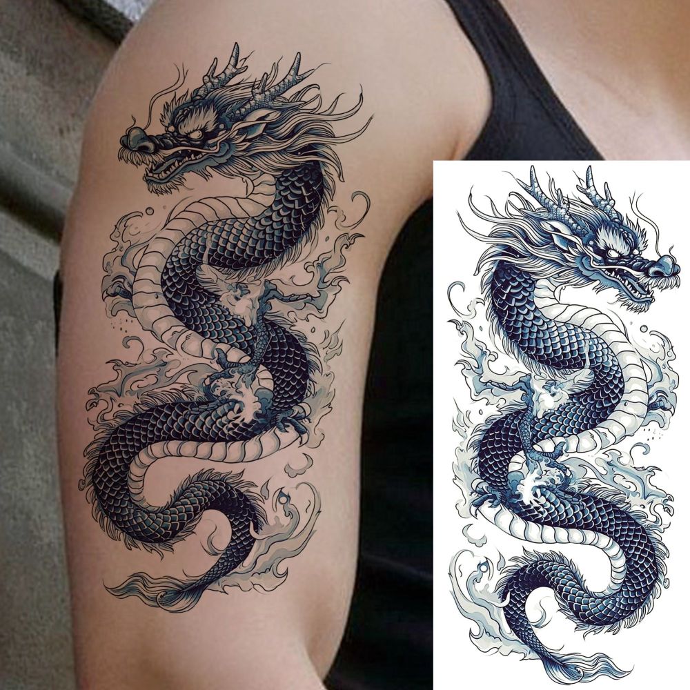 8 Sheets Dragon Temporary Tattoos For Women Men Adults Hands Finger Foot Neck Clavicle Shank Arm Body Art Makeup, Semi Permanent Temp Fake Tattoo Stickers Waterproof Long Lasting Realistic Tatoos For Festival Party Accessory