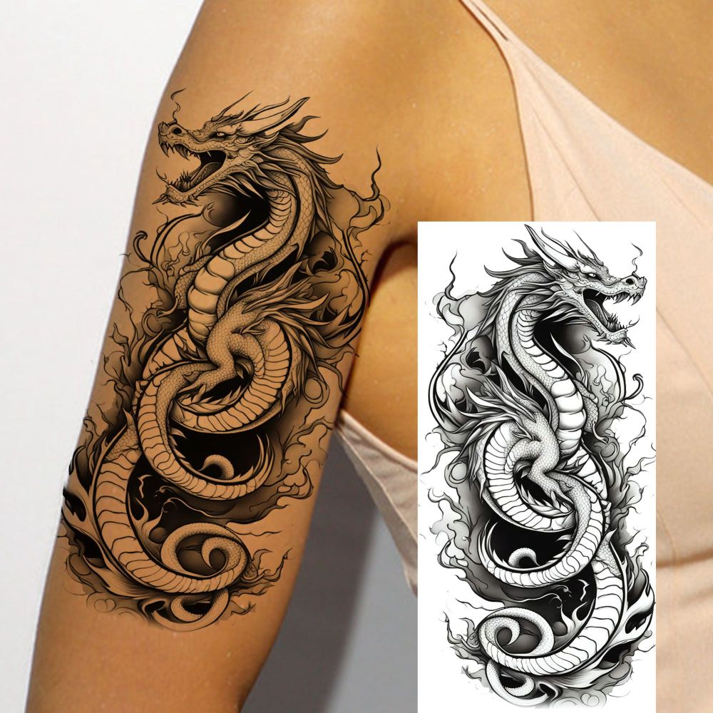 8 Sheets Dragon Temporary Tattoos For Women Men Adults Hands Finger Foot Neck Clavicle Shank Arm Body Art Makeup, Semi Permanent Temp Fake Tattoo Stickers Waterproof Long Lasting Realistic Tatoos For Festival Party Accessory